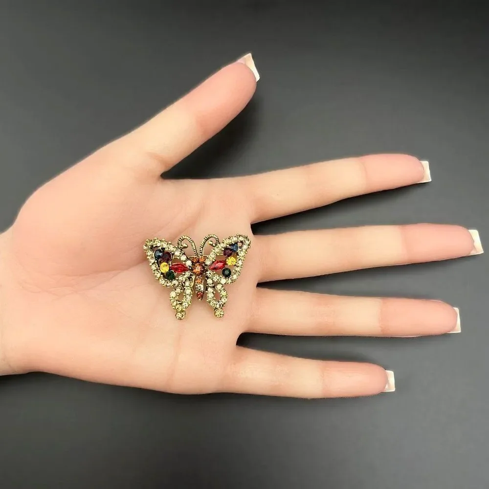 Yellow Gold with Champagne Topaz and Multi Crystal Butterfly Pin Back Brooch